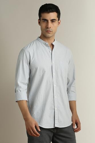 Image of Peter England Men's Casual Mandarin Collar Slim fit Full Sleeve Shirt in 100% Cotton Seersucker with Striped Design