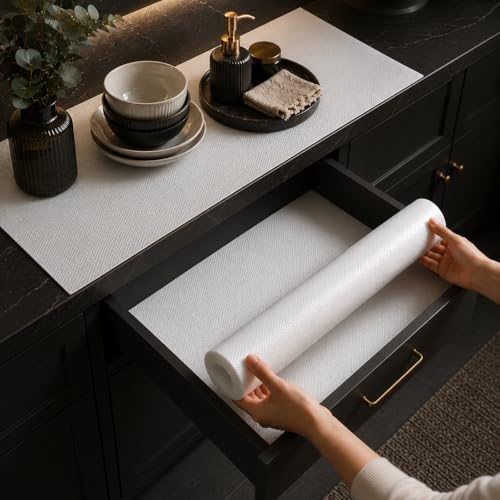 Image of DEVAR Kitchen Shelf Liner Roll for Fridge Drawer Cabinet, Anti Slip Waterproof Washable Mat for Refrigerator Shelves and Kitchen Storage, Cut to Size Multipurpose Cupboard Rack Protector Liner White