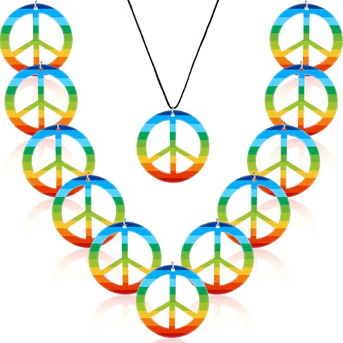 Lot de 12 Colliers Arc-en-Ciel avec Pendentif Signe de Paix en Plastique - Accessoire de Costume Hippie des années 60