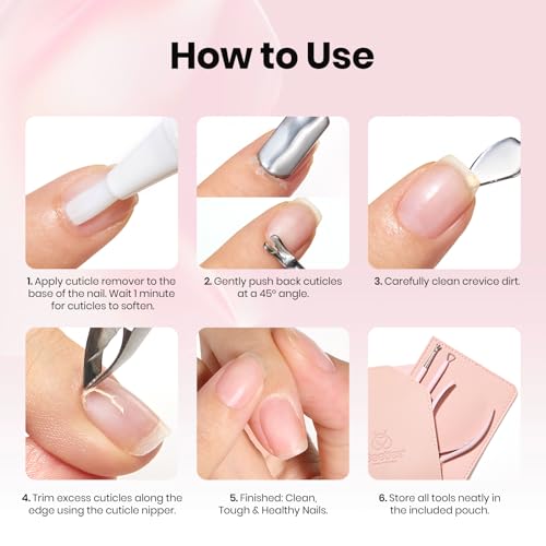 Image of Beetles Manicure Kit for Women with Cuticle Remover, 3 PCS Pink Manicure Set Cuticle Trimmer Dual End Cuticles Pusher Clean Nails Tip Dirt Pusher with Storage Pouch Nail Prep Kit for Gel Nail Polish