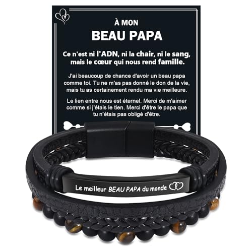 Bracelet Cuir Infini Pour Papa - Bijou En Cuir Noir Et Acier 316L, Cadeau Fête Des Pères, Anniversaire, Noël (21 Cm)