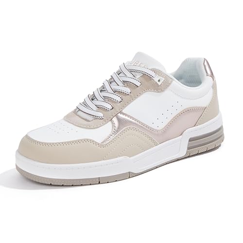 Niluber Women's Fashion Low Top Sneakers - White PU Leather Tennis Shoes-Lace Up Comfortable Casual Waking Shoes