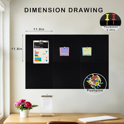 Large Cork Board for Walls-6 Pack Felt Wall Tiles with Safe Adhesive, Black Pin Board, Notice Board for Office, Tack Board Cork Boards 36"x24"