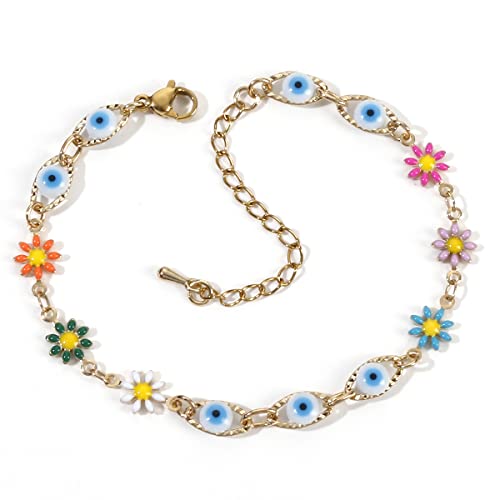 Newest Handmade Blue Eyes And Colorful Flower Beads Chain Bracelets For Lady Girl (Eye Flower), 17Cm #TOP5