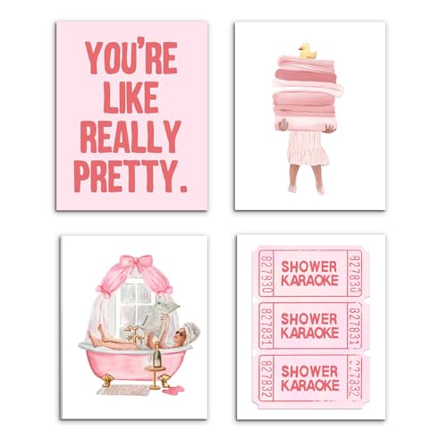VIIJJUE Pink Bathroom Wall Decor, Preppy Girly Posters Wall Art Decor for Girls Bathroom Washroom Restroom, Pink Retro Shower Karaoke Girly Wall Art Prints Set of 4, 8x10 Inches Unframed