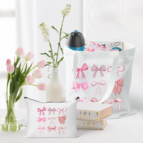 Y1tvei Coquette Pink Bow Preppy Makeup Bag Set - 2Pcs Cute Aesthetic Canvas Tote, Reusable Grocery Folding Shopping Bag With Zipper Pouch Gifts for Women4