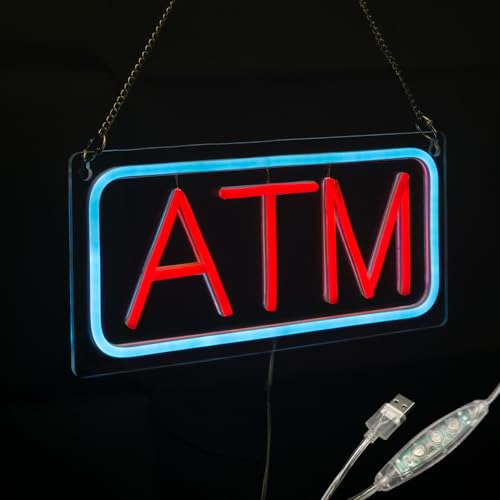 Image of ATM Neon Sign, Small Size, 12 inchx6 inch, USB Powered, 9 Levels of Brightness, Suitable for Bank Supermarket Convenience, Easy to Install on Store Wall Window as Room Decoration (Red, Transparent Acrylic)