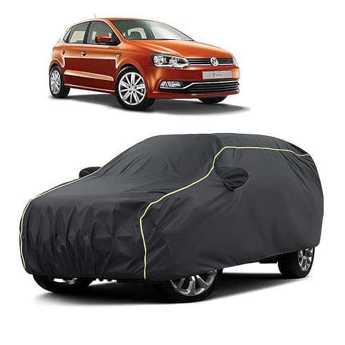 Image of Sulfar 100% Water Resistant Car Body Cover Compatible with Mirror for Volkswagen Polo Equisite (Triple Stitched, Full Bottom Elastic, Dark Grey Taffeta with Yellow Piping)