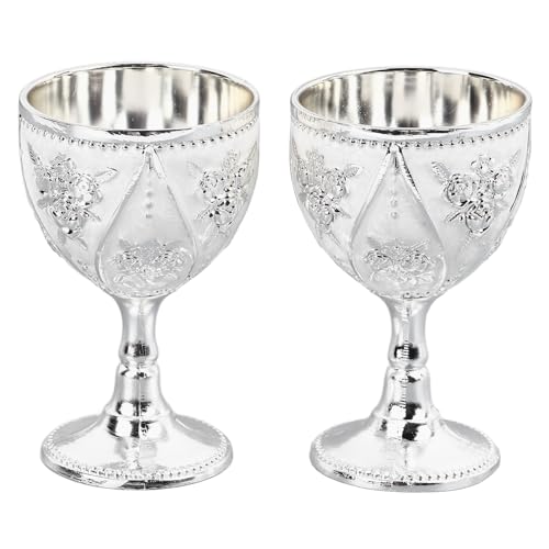2pcs Mini Chalice, 30ml Vintage Engraving Wine Liqueur Cup Zinc Alloy Mini Goblet Shot Glasses Tiny Embossed Wine Cup Wine Liqueur Cup for Home Bar, Party, Wedding, Medieval Decor(Silver)