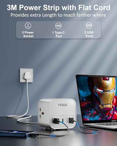 Image of FEDUS Surge Protector, 3 Way Cube Shape Universal Sockets with USB Port Type A & C, 6 Feet Long Cable, Extension Board Cord Overload Protection, Fireproof Power Strip Switch Board, Spike Guard