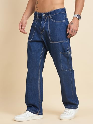 Image of STUDIO NEXX Men's Baggy fit Denim Cargo Pants |Non Stretchable| Wide Leg Jeans| Cargo Jeans|Baggy Cargos for Men