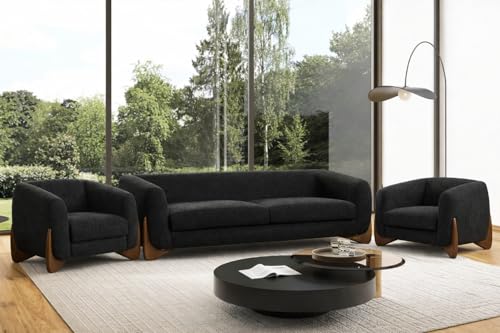 Image of Upholstered 3 Seater Sofa Three Seater Sofa with Wooden Legs for Living Room Hotels & Offices (Boucle Black 3+1+1 Sofa Set)