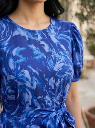 Image of HELLCAT Women Floral Fit & Flare Midi Dress | Round Neck, Puff Short Sleeve, Waist Tie-Up Belt | Casual Brunch Wear, Western One Piece, A-Line Long Frock, Summer Party Outfit
