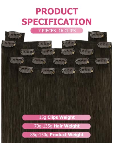 Image of YoungSee Ash Brown Clip in Hair Extensions Real Human Hair, Straight Hair Extensions Clip ins Dark Ash Brown, Invisible Clip in Extensions for Natural Look, 16In 120G 7Pcs Add Volume