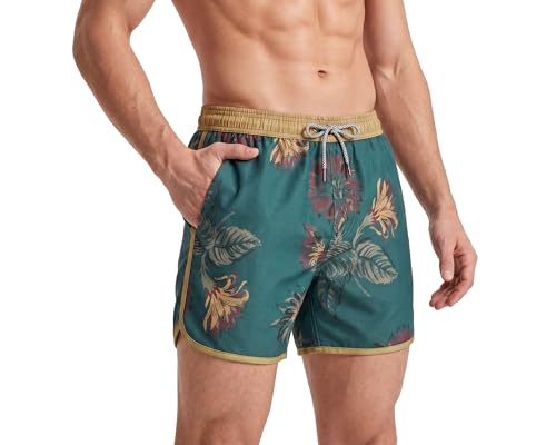 MaaMgic Herren Badeshorts Vintage Retro Boardshorts Schnelltrocknend Kurz Badehose Schwimmhose mit Mesh-Futter und Verstellbarem Tunnelzug Gelb Dunkelgrün L