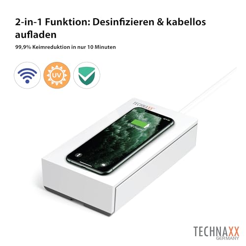 Technaxx UV Desinfektion-Box TX-148 - Desinfektion für Handy`s & Gegenstände, 99,9% Sterilisationseffizienz, Aromaölkammer, Keime, Kabelloses Laden 5W für alle Handys