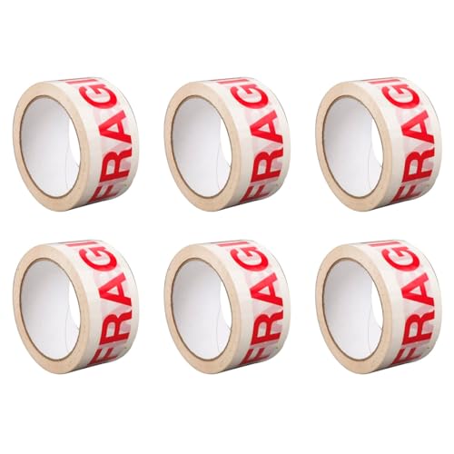 Tradineur - Pack de 6 rollos de cinta adhesiva para embalaje, Muy Frágil, precinto multiusos, embalar, sellar, empaquetar, cerrar cajas, resistente al desgarro, 48 mm x 50 m