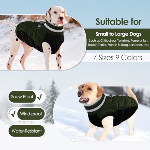 AOFITEE Wintermantel für große Hunde, Wasserdicht Hundemantel Hundejacke Mittelgroße Hunde mit Geschirr, Winddichter Winter Hunde Jacket mit Reißverschluss, Warme Outdoor Hundebekleidung, L Dunkelgrün