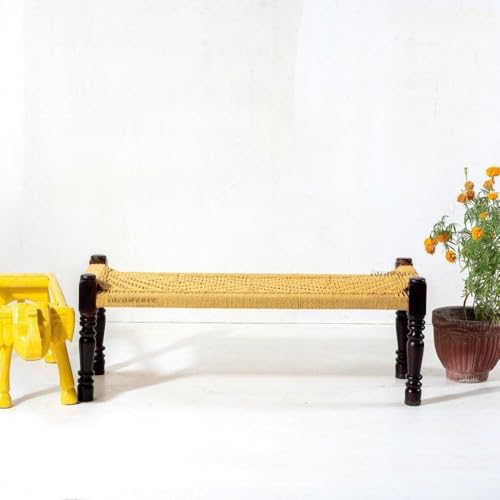 Image of Wooden Bench for Seating | Handcrafted Sheesham Wood Bench for Living Room, Balcony & Garden | Traditional Patio for Outdoor with Cotton Handwoven Rope | Yellow