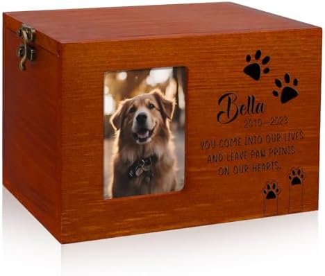 Personalized Pet Memorial Urns for Dog or Cat Ashes, Wooden Pet Cremation Urns with Photo Frame, Memorial Keepsake Memory Box with Black Flannel as Lining, Loss Pet Sympathy Remembrance Gift
