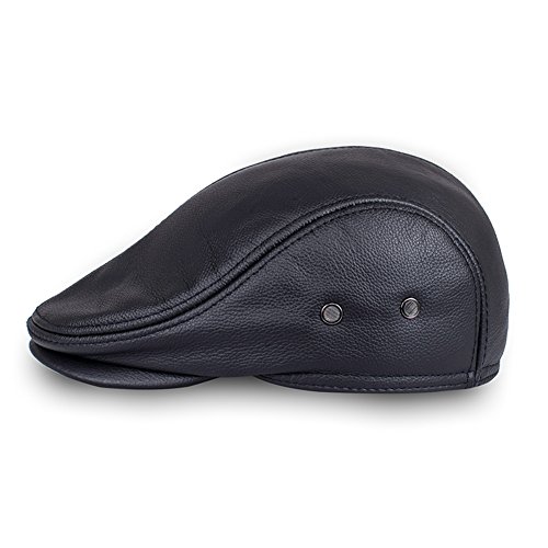 VEMOLLA Men's Real Cowhide Leather Beret Hunting Cap Beanie Trucker Cap Mens Sports Hat Black L