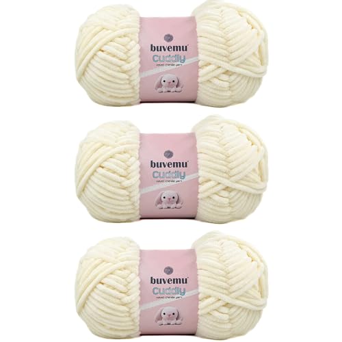Image of Cuddly Velvet Chenille Yarn, Super Soft Fluffy Bulky for Knitting Crocheting Crafting Blanket Amigurumi, Durable for Shedding, 100 Gram (3.53 Ounces) 109 Yards (100 Meters) (Cream) (3 Skeins)