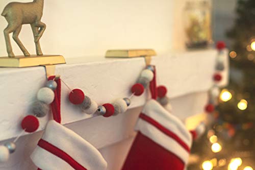 8 Foot Red, White And Gray Wool Felt Ball Pom Pom Garland With Silver Wood Beads - Vintage Christmas Tree Decor Holiday Party Banner Decoration For Wall, Crafts, Kids Room #TOP6