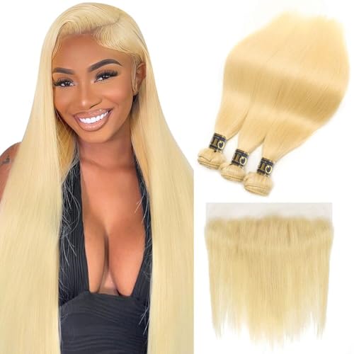 QTHAIR 18A Grade Blonde #613 Brazilian Straight Human Hair Bundles With Frontal (14 16 18+12) 13x4 HD Lace Frontal 100% Unprocessed Virgin 613 Honey Blonde Human Hair