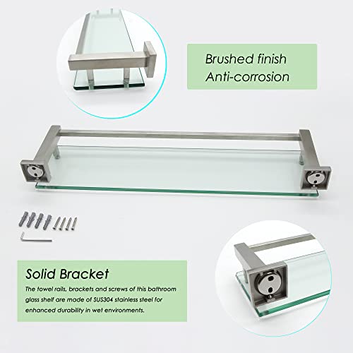 Bathroom Shelves Rectangle Tempered Glass Shelf Sus304 Stainless Steel With Rail Lavatory Shower Caddy Floating Wall-Mount Home Decor Holder,20.5X5.3 Inches Brushed Finish,1 Shelf With Hardware #TOP4