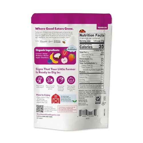 Image of Once Upon A Farm Organic Coconut Melts with Probiotics, Mixed Berry, Dairy Free, Non GMO, Kosher, 1 Ounces (Pack of 8) | Once Upon A Farm Organic Coconut Melts with Probiotics, Mixed Berry, Dairy Free, Non GMO, Kosher, 1 Ounces, 8 Pack