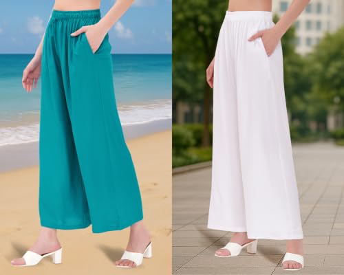 Image of Buy That Trendz Palazzo Pants for Women Rayon Elasticated Regular Fit Flared Wide Leg M to 6XL Pack of 2