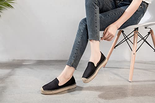 Image of Women's Classic Slip on Flat Shoes Casual Cap-Toe Platform Simple Espadrille Canvas Loafers Black Color Size 8.5