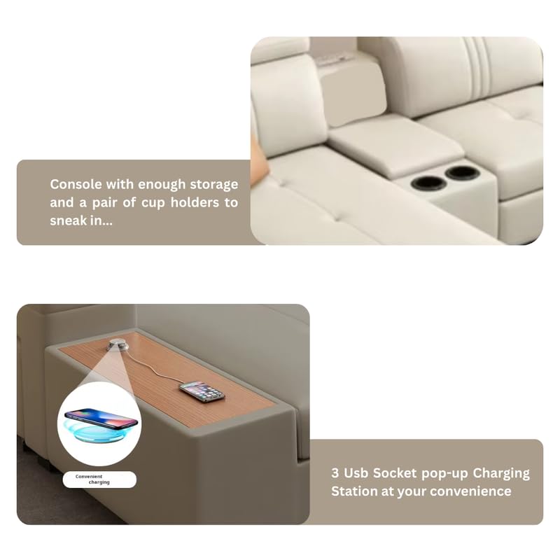 Image of Homax. Nimra Smart L-Shape 7-Seater Sectional Sofa Set with Console, Cup Holders, Charging Station & 2 Ottomans - Premium Leatherette Finish - Beige Color, Orientation RHS.
