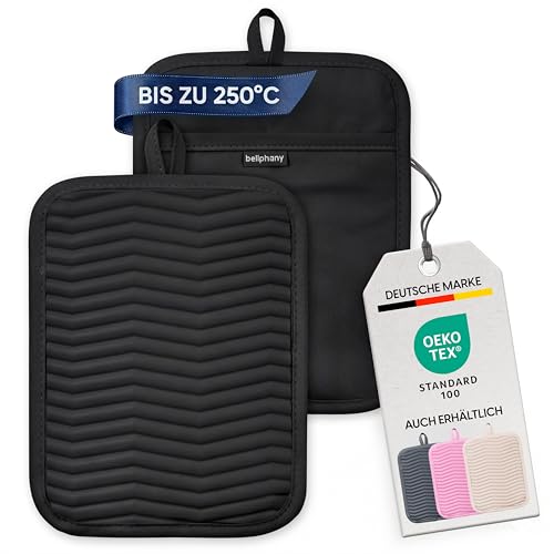 Bellphany 2er Set rutschfeste Silikon Topflappen - Topfhalter zum Kochen & Backen, hitzebeständig bis 250°C, Schwarz