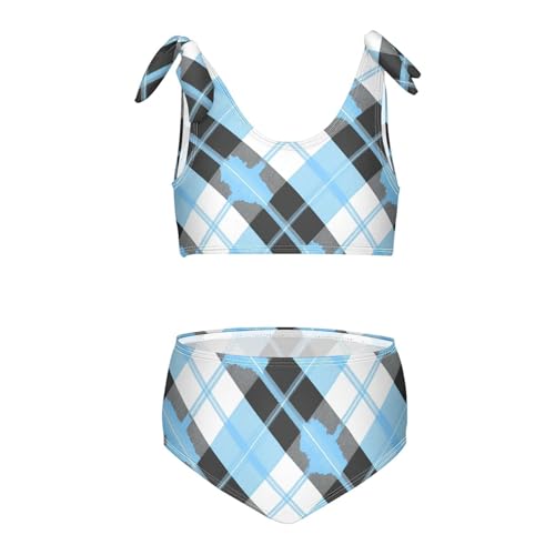 Buffalo Plaid Blue Black Girls' Two Piece Kids Bikini Set Quick-Dry Swimsuits Swimwear Adjustable Shoulder Strap
