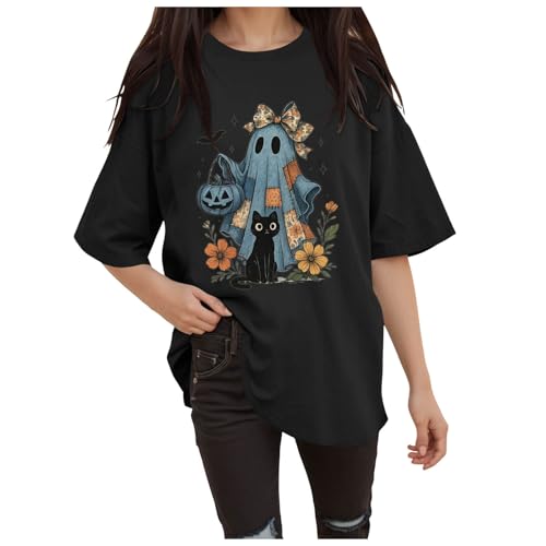 ハロウィン 仮装 レディース かわいい 幽霊 かぼちゃ プリントtシャツ 衣装 大人 女性 簡単 プルオーバー 個性的 かっこいい カットソー 半袖 クルーネック おばけ tシャツ トップス おしゃれ おもしろ プレゼント 派手 コスチューム(ブラック,M