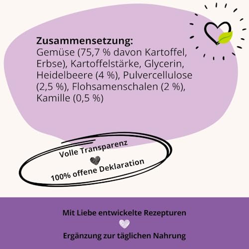 BugBell Softe Knabbersticks für Hunde 60g, Verdauung & Darmflora, Fettreduziert & Vegan, bei Problemen mit Durchfall und Erbrechen, Heidelbeere, Flohsamenschalen, Kamille
