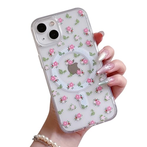Protection antichoc iPhone 14 Plus coque Magsafe fleurs transparent robuste pour femme