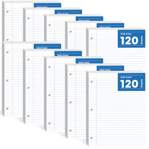 10 Pack Loose Leaf Paper 8.5 x 11, 1200 Pcs Lined Paper for 3 Ring Binders