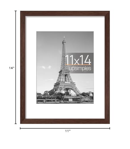 Image of upsimples 11x14 Picture Frame, Display Pictures 8x10 with Mat or 11 x 14 Without, Wall Hanging Photo Frames, Brown, 1 Pack