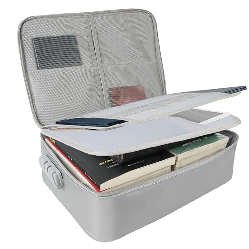 PopuLike Fireproof Document Box, Waterproof and Fireproof Document Storage Bag, Portable Home Fire Safe Storage Box Case with Lock for Documents, Deed and Birth Certificate, Grey