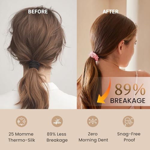 Image of THXSILK 100% Mulberry Silk Scrunchies 3-Pack, 25 Momme Mulberry Silk Hair Ties for Women, Sleek Low Profile No Damage Ponytail Holders, for Fine Hair & Everyday Use, Pink