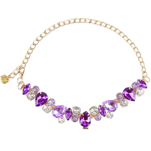 Image of HOWWFALY Dog Collar and Cat Collar Gold Chain Necklace Stainless Steel Adjustable Purple Diamonds Collar with Cute Pet Paw for Small Medium Pets Cats Dogs Kitten Puppy (Purple, S)