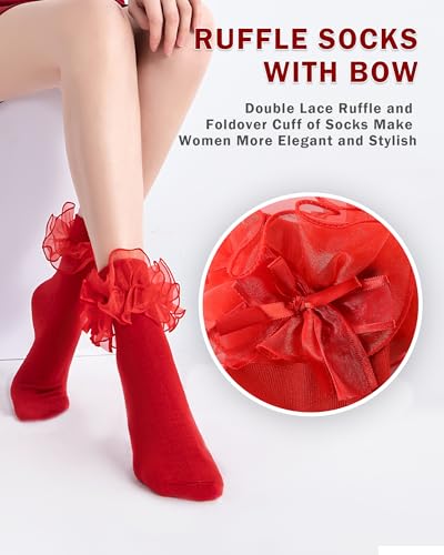 NiceBaby Women's Big Ruffle Socks Double Lace with Bows (Size 5-11, 3 Pairs)2