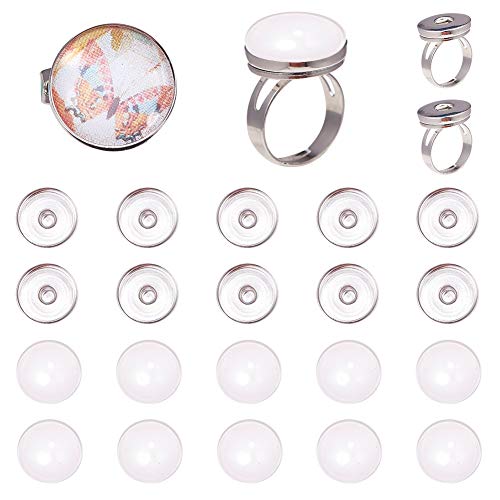 SUNNYCLUE 1 Boîte 62pcs Bouton Cabochon Bague 19mm (0.75 Pouces) Composants de la Bague Réglable avec Cabochons en Verre et Boutons-Pression en Laiton Base Lunette Paramètres du Plateau de Bijoux