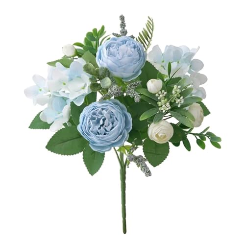 Flower Artificial,Flowers Künstliche Blumen, blaue Seidensträuße, künstliche Waldhortensien, Pfingstrosenknospen, Hochzeit, Braut, Handstrauß, Hausgarten, Schreibtisch, Blumenarrangement, Dekor(Blue W