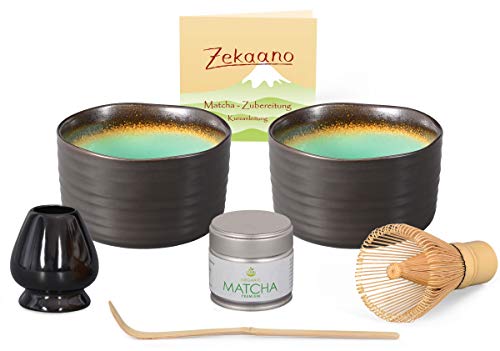 Aricola® Matcha-Set 6-teilig, bestehend aus 2 Matchaschalen anthrazit/türkis mit Craquelé-Muster, Matchalöffel, Matchabesen, schwarzem Besenhalter und 30g Matcha.