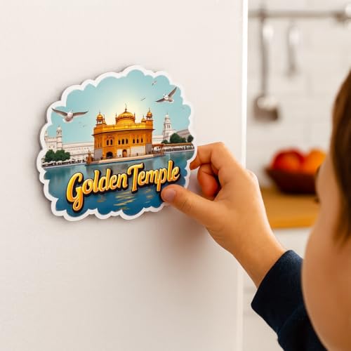 Image of Naxon Golden Temple Amritsar Theme Souvenir Wooden Fridge Magnet | Sri Harmandir Sahib Printed Refrigerator Magnet for Kitchen & Home Decor | Religious Travel Gift | Size 3x3 Inch | Pack of 1