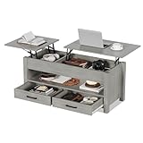 Garvee Lift Top Coffee Table with Storage, 47.2" Wooden Coffee Table for Living Room, 2 Drawers & Hidden Compartment & Open Shelf, Central Table for Living Room Home Office, Grey