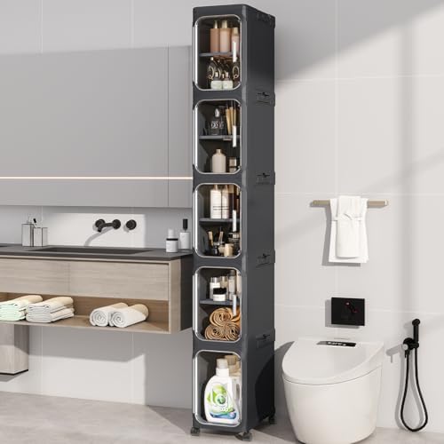 KHNR 5-Tiers Slim Bathroom Storage Cabinet, Foldable Storage Cabi...